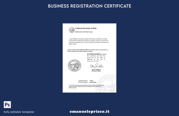 certificato di registrazione elettronico USA California stile verificato Modello